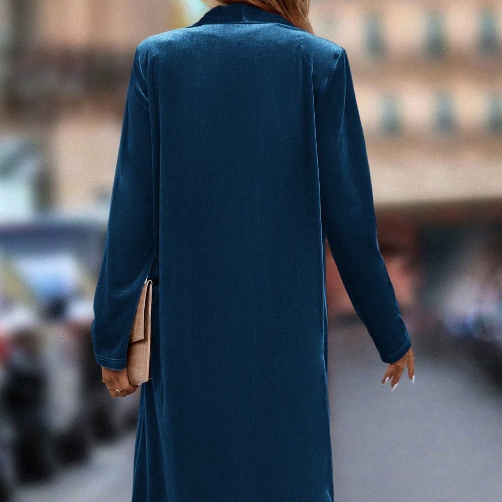 Blue Casual Womens Shawl Collar Open Front Velvet Coat - Picture 3 of 5